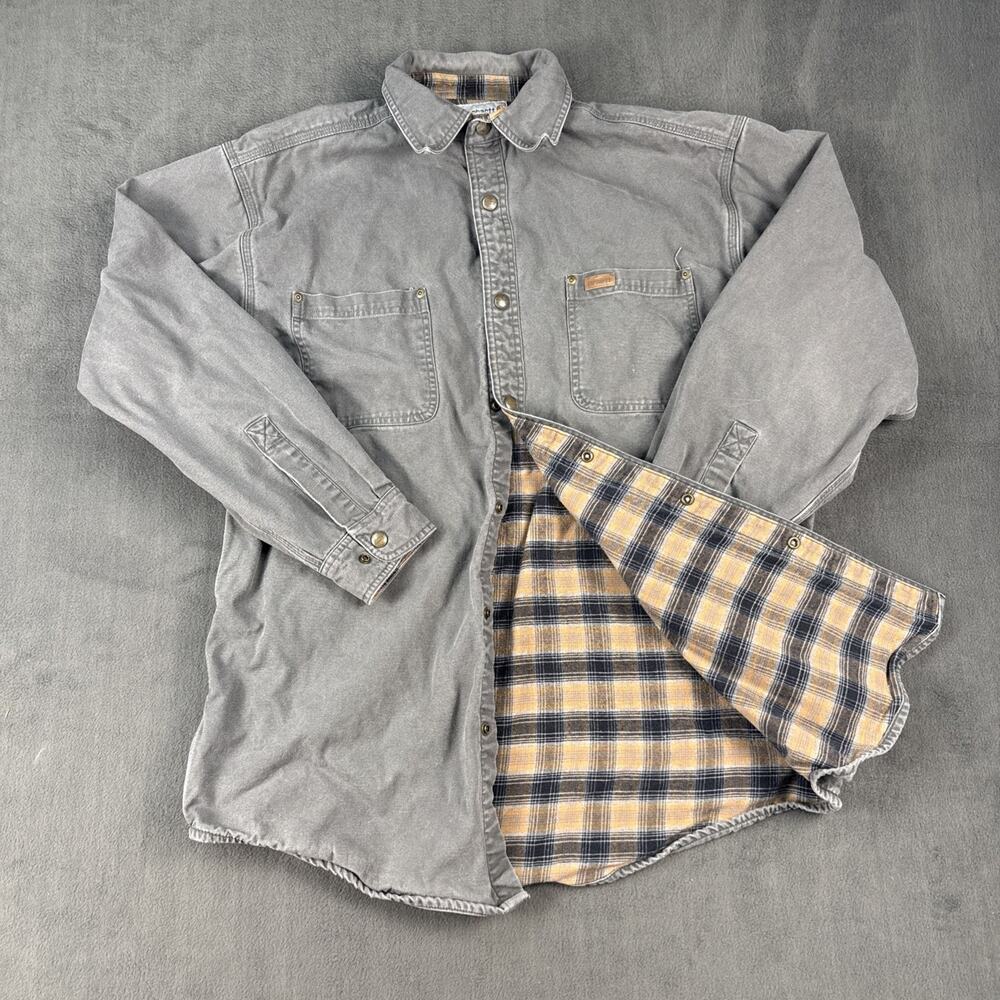 Carhartt Mens Large Flannel Lined Canvas Shirt Jacket Gray Snap Front